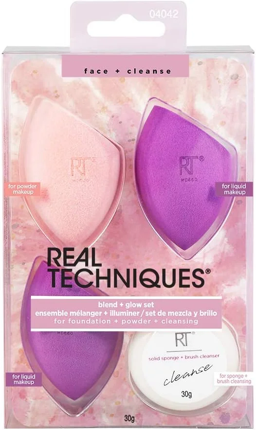 ערכת תערובת וזוהר של Real Techniques, 3 ספוגי אבקת Miracle וספוג ניקוי מרכך, 4042