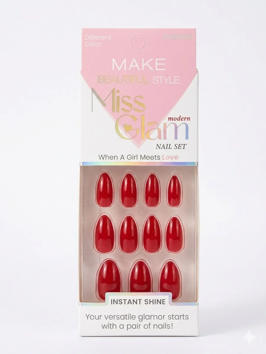 ציפורניים MISS GLAM עם פס דבק, צבע אדום לוהט