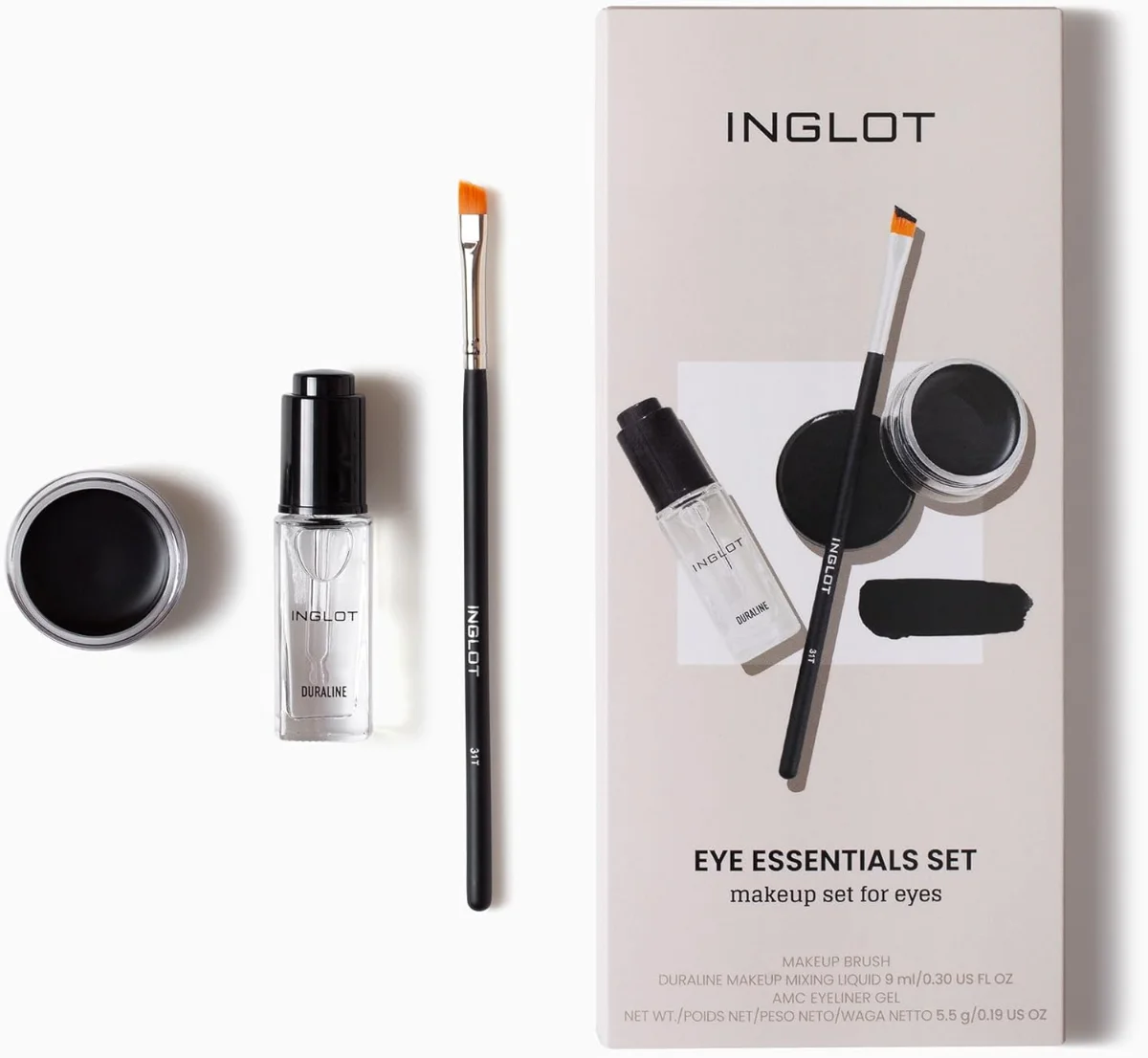 מגוון טיפוח העיניים של Inglot Duraline + AMC 77 אייליינר ג'ל + מברשת איפור 31T | אייליינר שחור