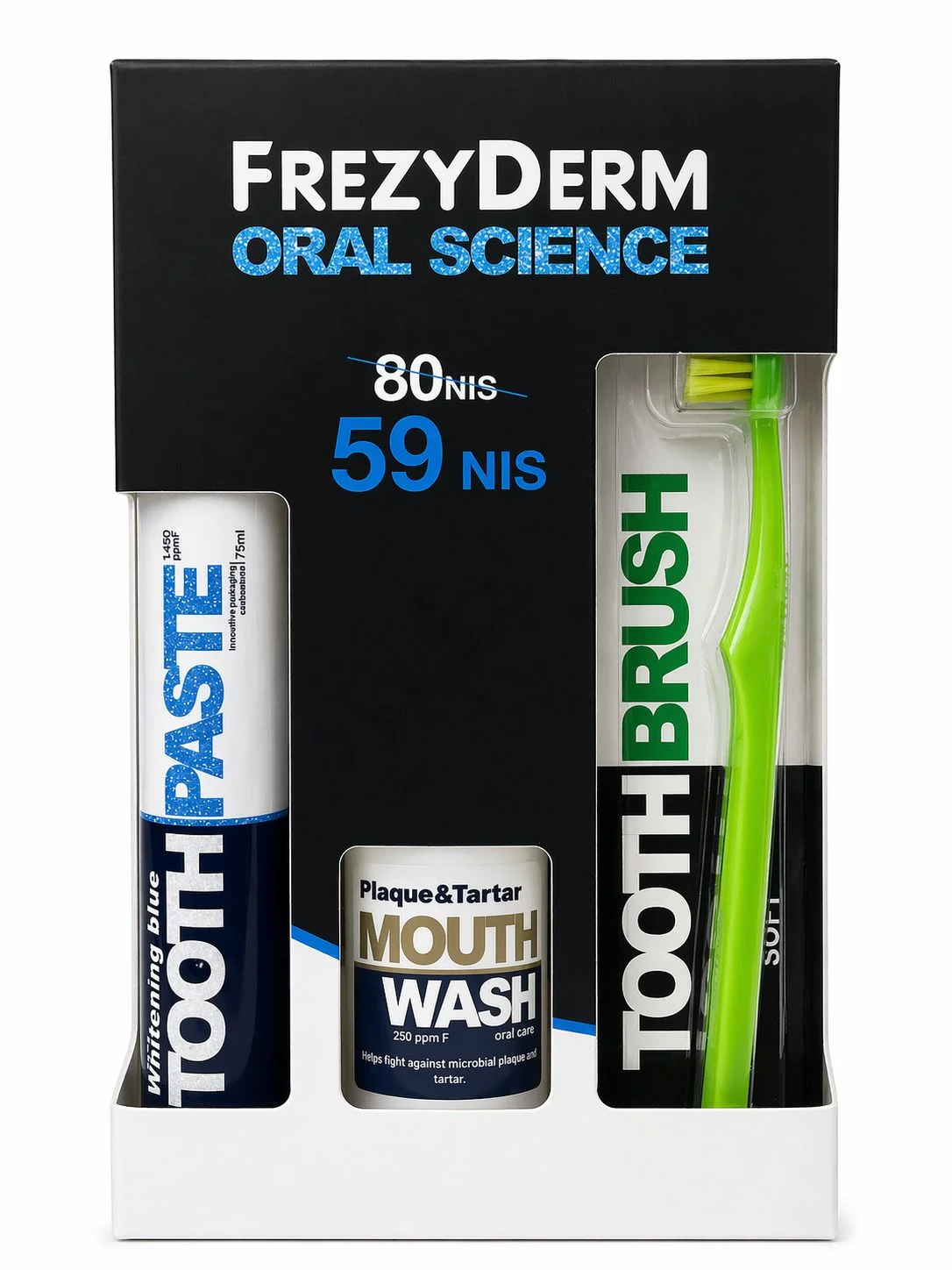תצוגה של משחת שיניים מלבינה כחולה Frezyderm עם מברשת ומי פה