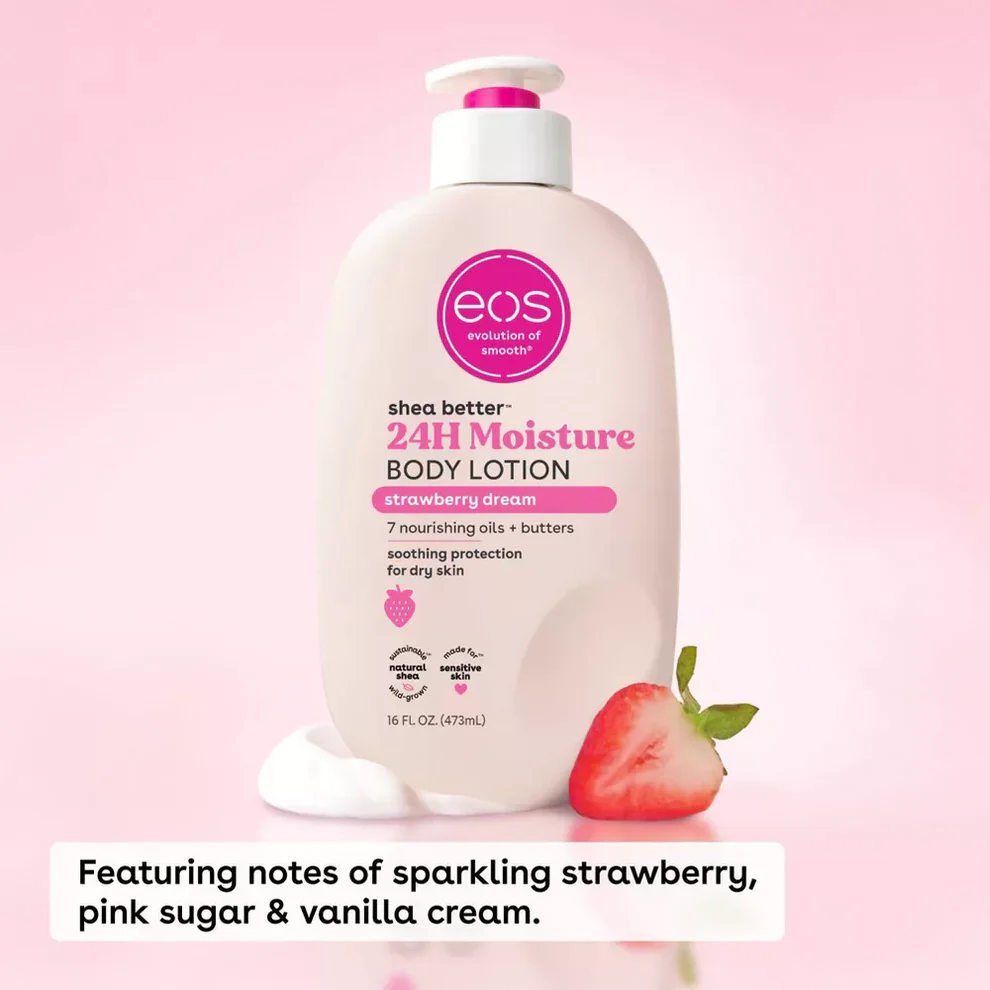 קרם גוף לחמאת שיאה של EOS Strawberry Dream, 24 שעות לחות - 16 אונקיות 2